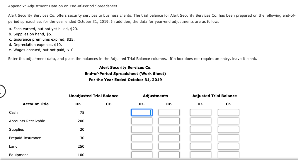Appendix: Adjustment Data on an End-of-Period Spreadsheet Alert Security Services Co.