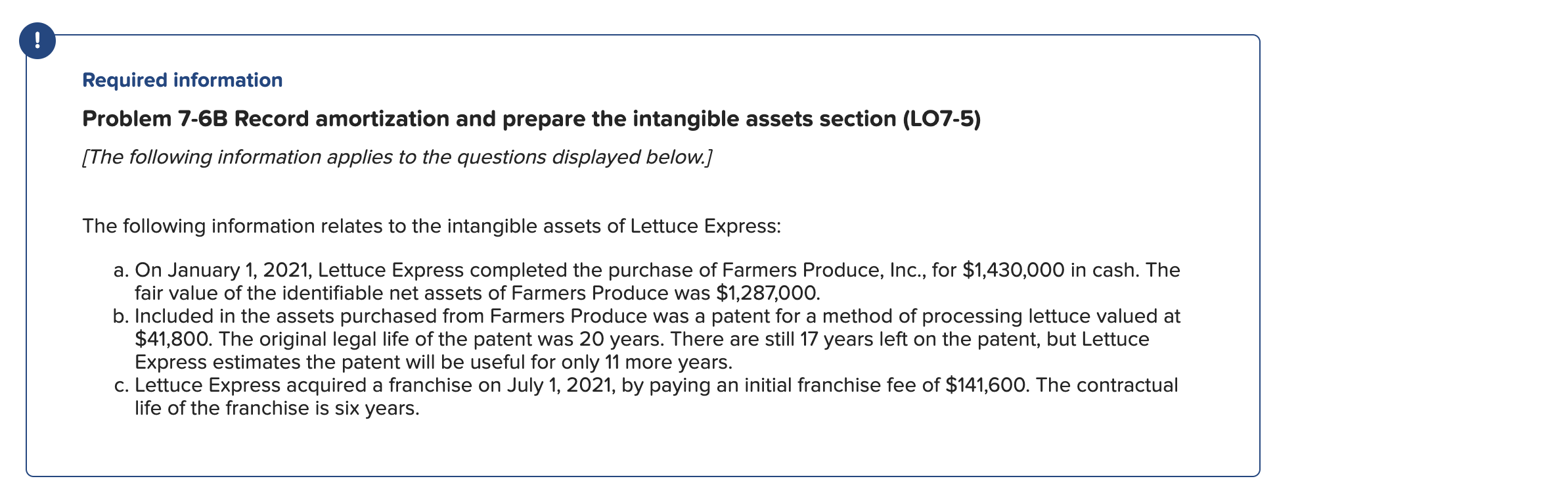 Required information Problem 7-6B Record amortization and prepare the intangible assets