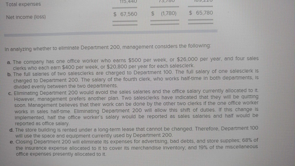 Company's management is trying to decide whether to elminate Department 200, which