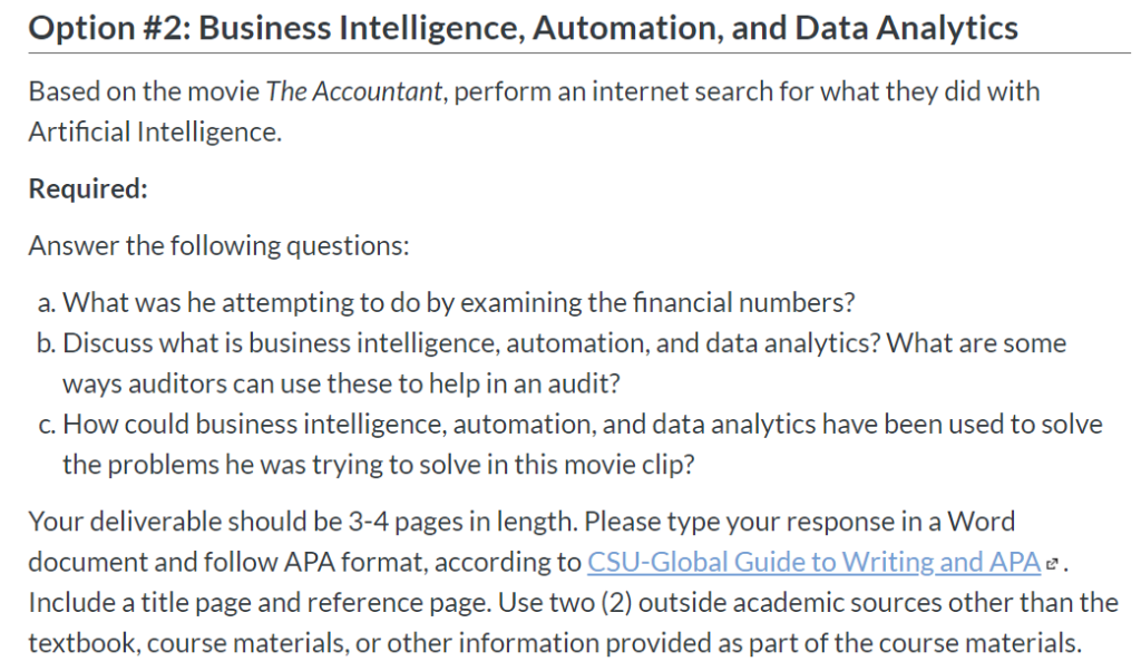 Option #2: Business Intelligence, Automation, and Data Analytics Based on the