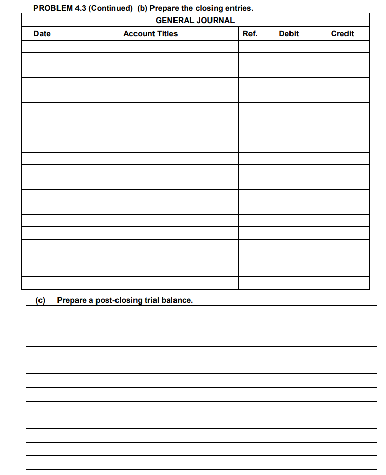 liquidity.) (b) Prepare the closing entries. (c) Prepare a post-closing trial balance.