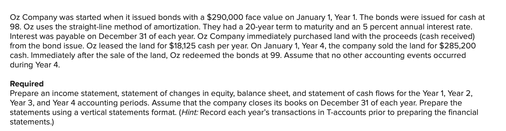  Oz Company was started when it issued bonds with a $290,000