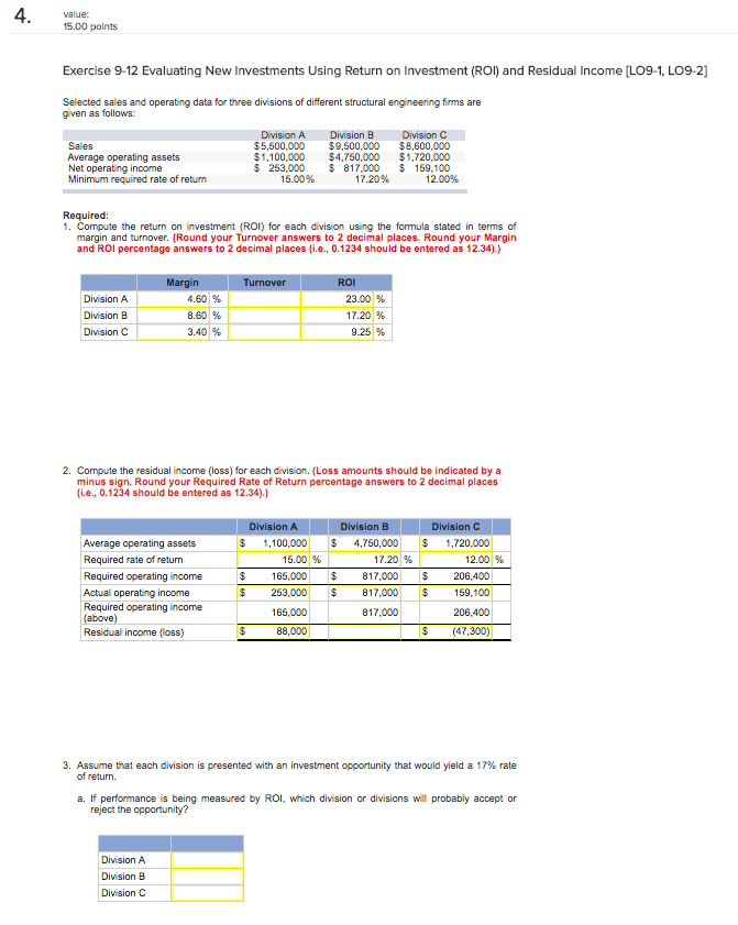 15.00 points Exercise 9-12 Evaluating New Investments Using Return on Investment