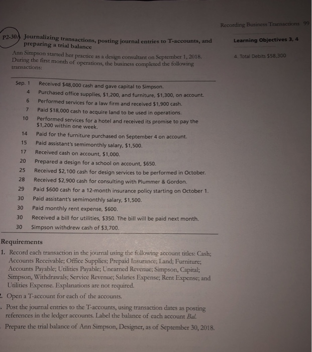 P2-304 Journalizing tr preparing a trial balance ansactions, posting journal entries