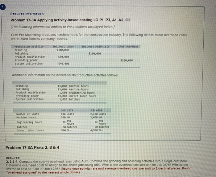  Required Information Problem 17-3A Applying activity-based costing LO P1, P3, A1,
