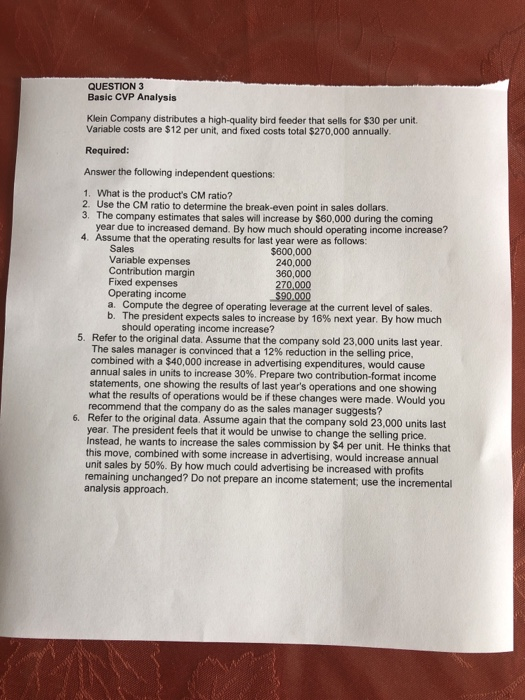  QUESTION 3 Basic CVP Analysis Klein Company distributes a high-quality bird