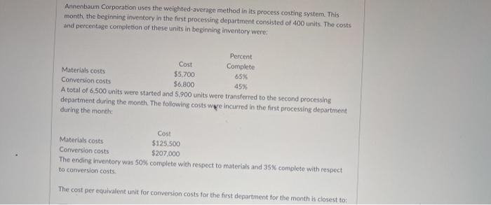  Annenbaum Corporation uses the weighted average method in its process costing