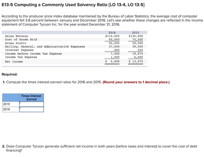  E13-5 Computing a Commonly Used Solvency Ratio [LO 13-4, LO 13-5]