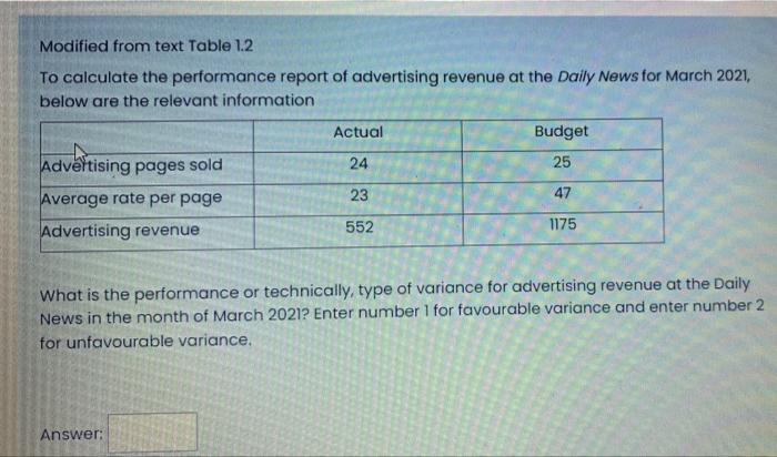  Modified from text Table 1.2 To calculate the performance report of