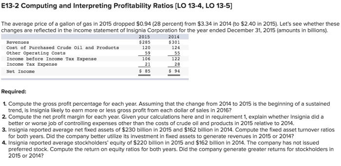 E13-2 Computing and Interpreting Profitability Ratios [LO 13-4, LO 13-5) The