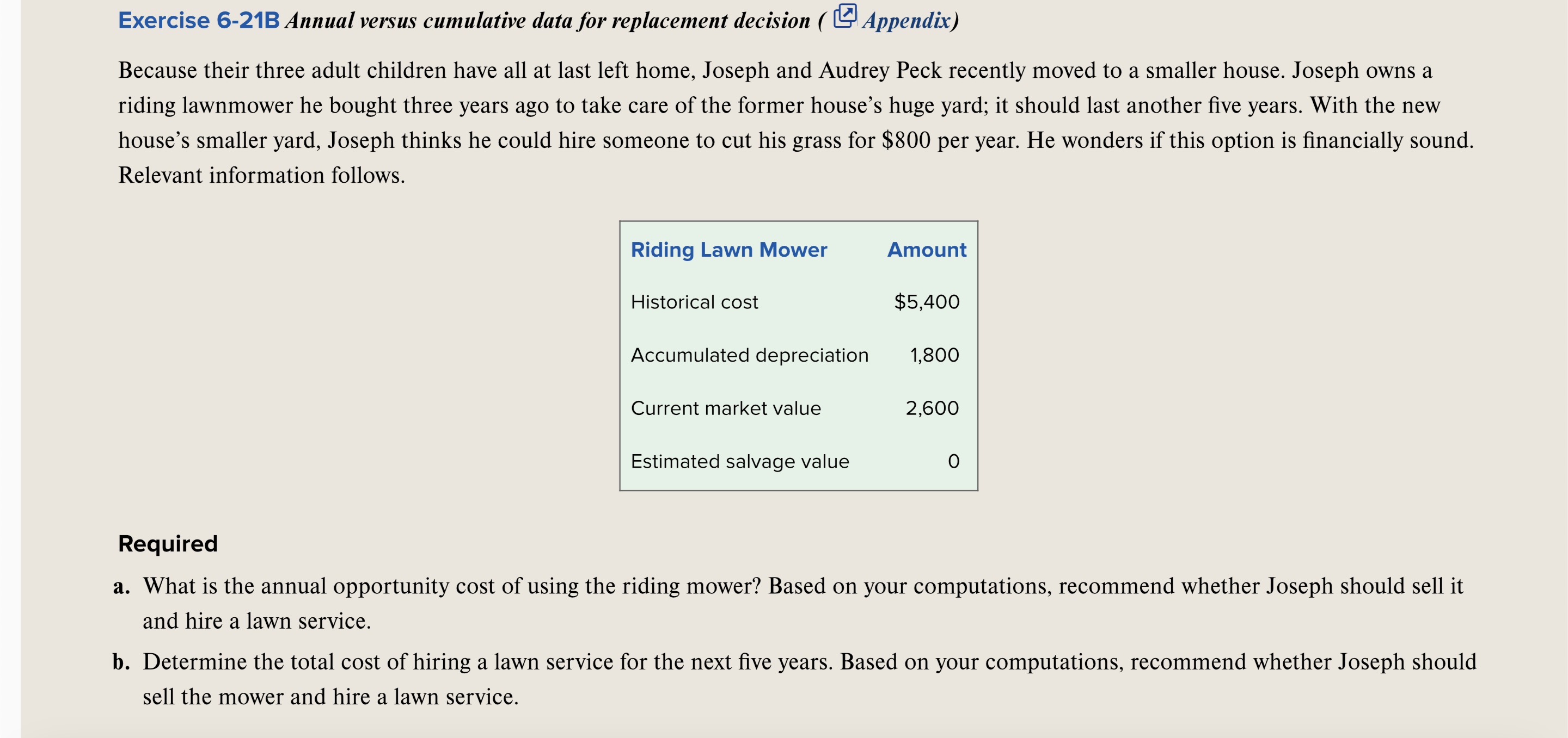 Exercise 6-21B Annual versus cumulative data for replacement decision ( Appendix)