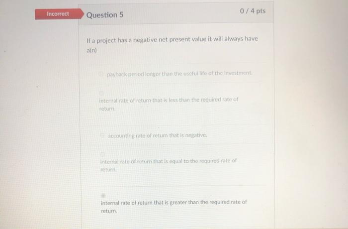  Incorrect 0/4 pts Question 5 If a project has a negative