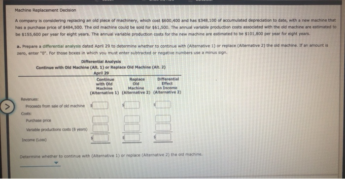  Machine Replacement Decision A company is considering replacing an old piece