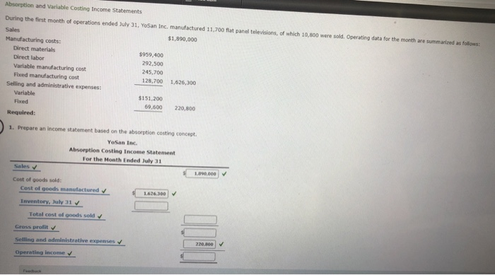  Absorption and Variable Costing Income Statements During the first month of