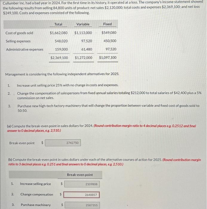 need expert answer Cullumber Inc. had a bad year in 2024. For
