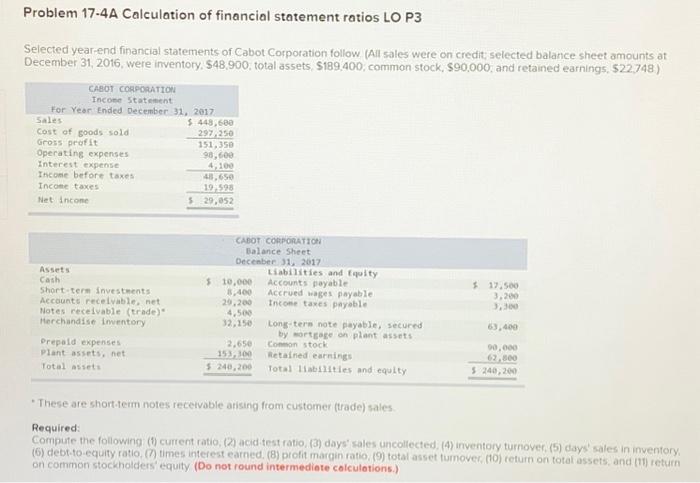  Problem 17-4A Calculation of financial statement ratios LO P3 Selected year-end