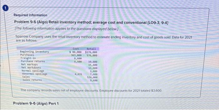  Problem 9.6 (Algo) Retail inventory method; average cost and conventional (LO9.3,