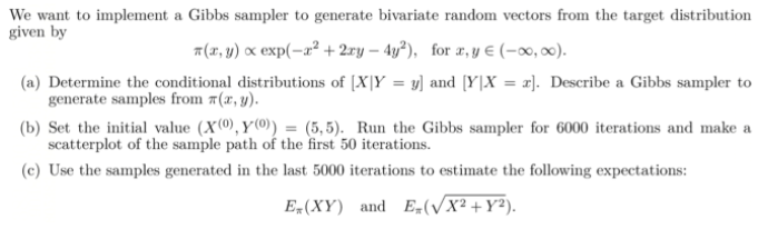  We want to implement a Gibbs sampler to generate bivariate random