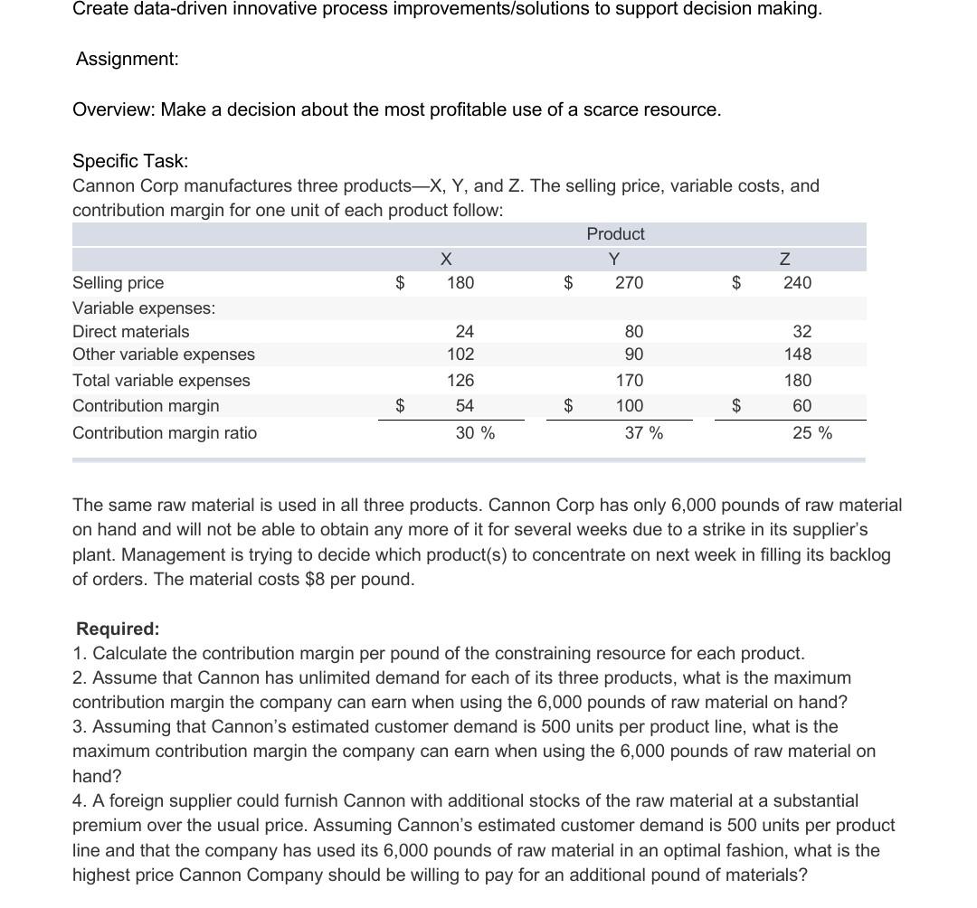  Create data-driven innovative process improvements/solutions to support decision making. Assignment: Overview: