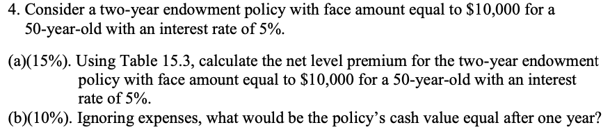  4. Consider a two-year endowment policy with face amount equal to