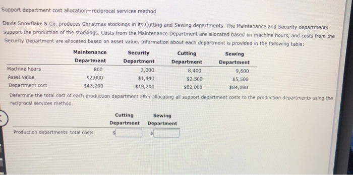  Support department cost allocation-reciprocal services method Davis Snowflake & Co. produces