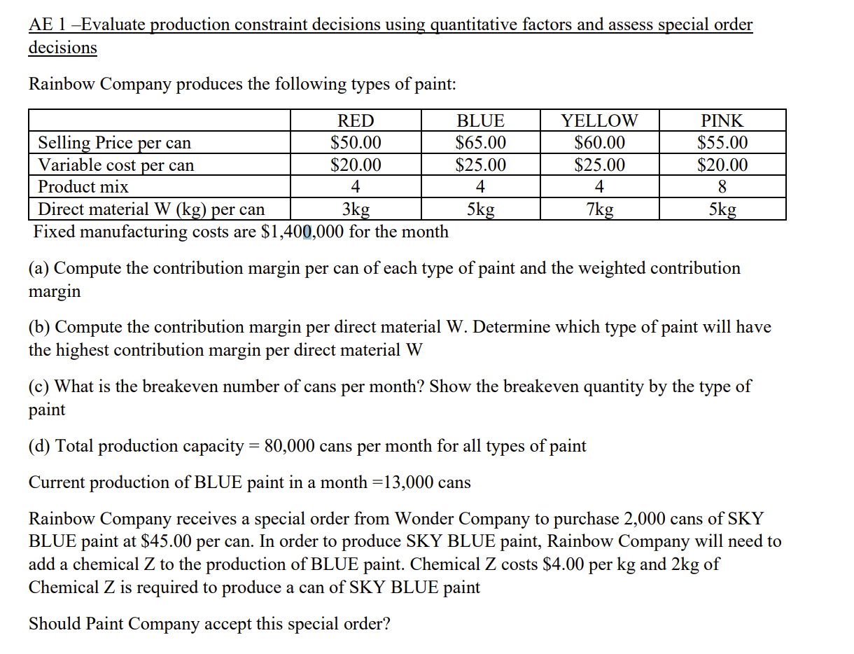 Need help on this question. Thank you AE 1 -Evaluate production constraint