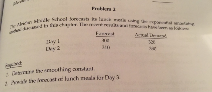  The Aleidon Middle School forecasts its lunch meals using the exponential
