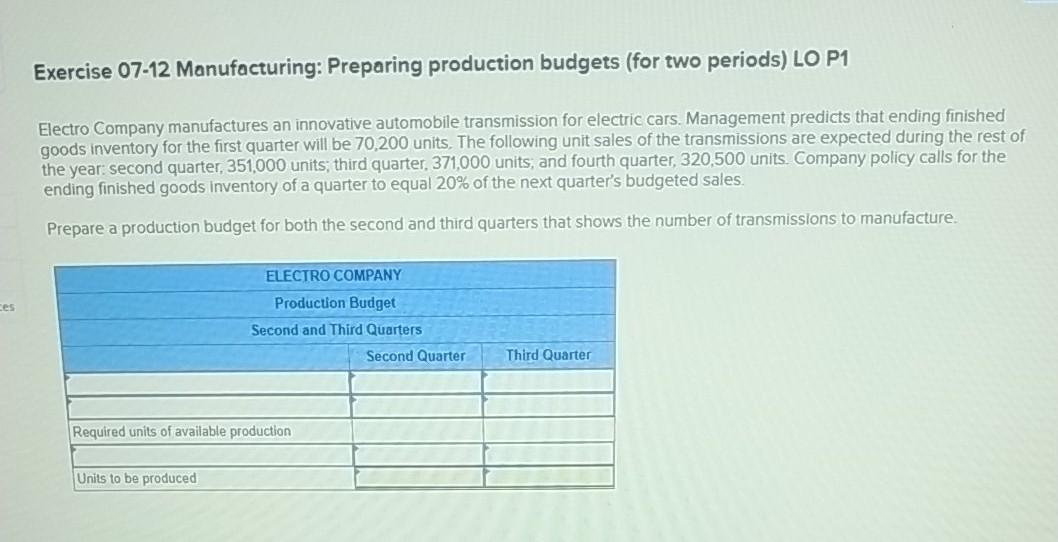  Exercise 07-12 Manufacturing: Preparing production budgets (for two periods) LO P1
