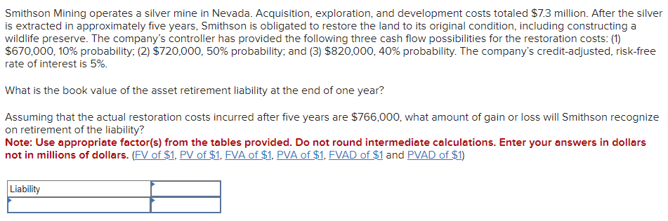 Smithson Mining operates a silver mine in Nevada. Acquisition, exploration, and