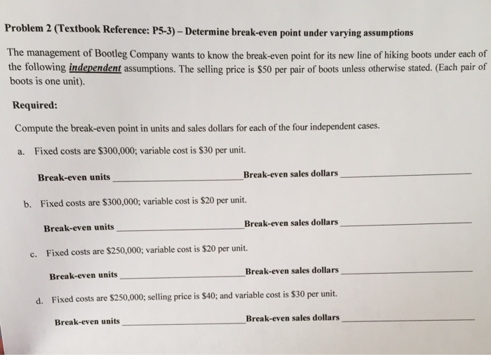  Problem 2 (Textbook Reference: P5-3) - Determine break-even point under varying