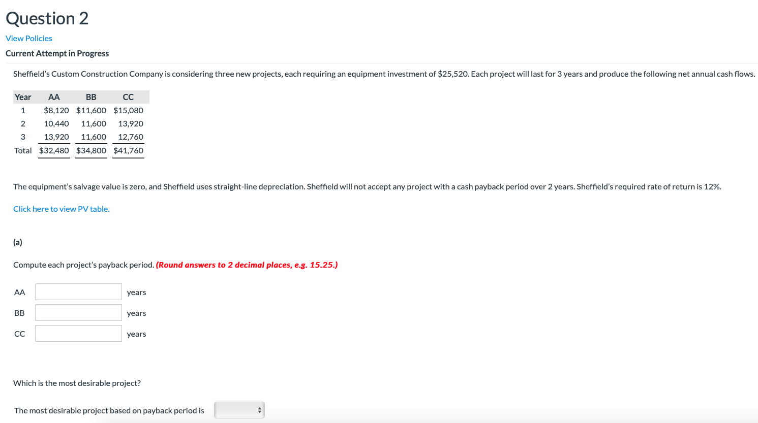  Question 2 View Policies Current Attempt in Progress Sheffield's Custom Construction