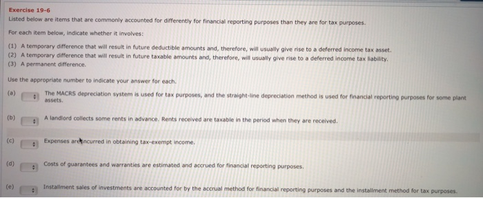  a Exercise 19-6 Listed below are items that are commonly accounted