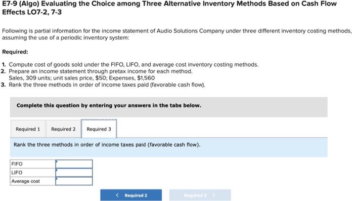 income statement of Audio Solutions Company under three different inventory costing methods,