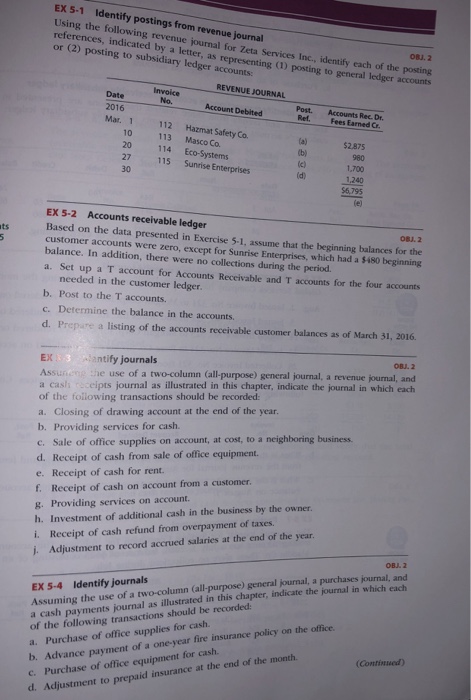  Please answer 5-3 EX 5-1 Identify postings from revenue journal Using