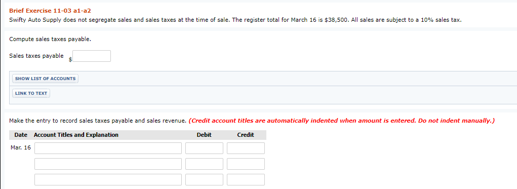 Brief Exercise 11-03 al-a2 Swifty Auto Supply does not segregate sales