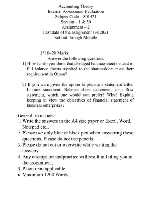  Accounting Theory Internal Assessment Evaluation Subject Code - 801421 Section -