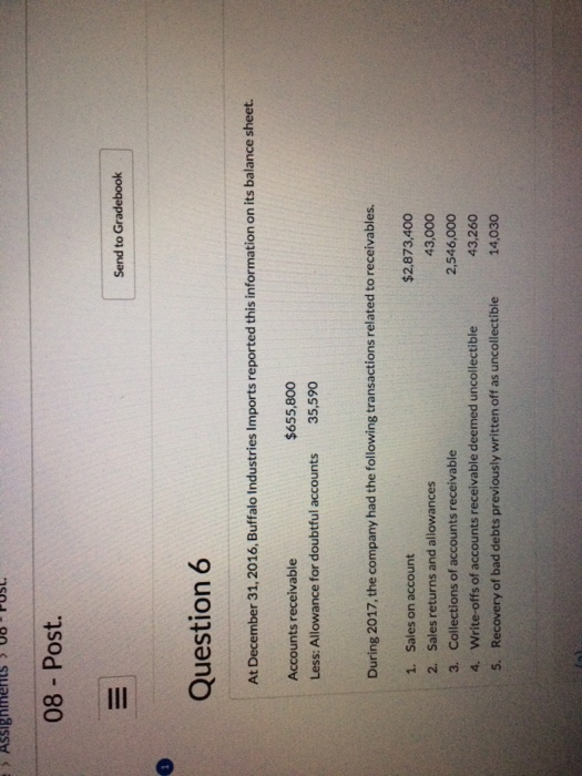  08 Post. Send to Gradebook Question 6 At December 31, 2016,