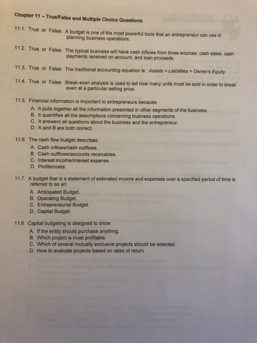  Chapter 11-True/False and Multiple Choice Questions 11.1. True or False: A