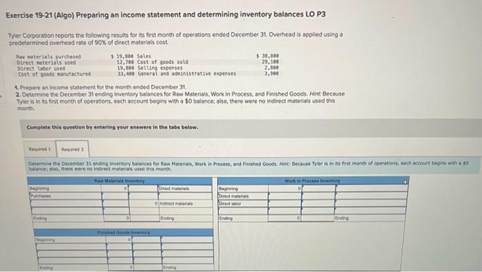 LO P3 Tyler Corporation reports the following results for its first month