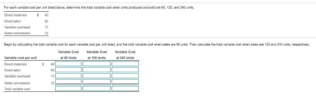  For each variable cost per unit listed below, determine the total