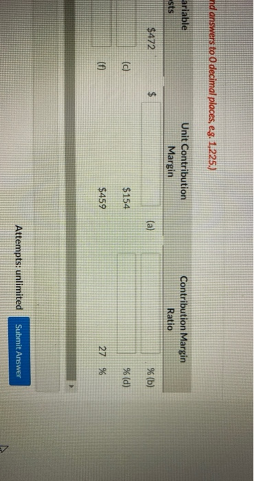 answers to O decimal places, eg. 1,225.) Con Unit Selling Price Unit