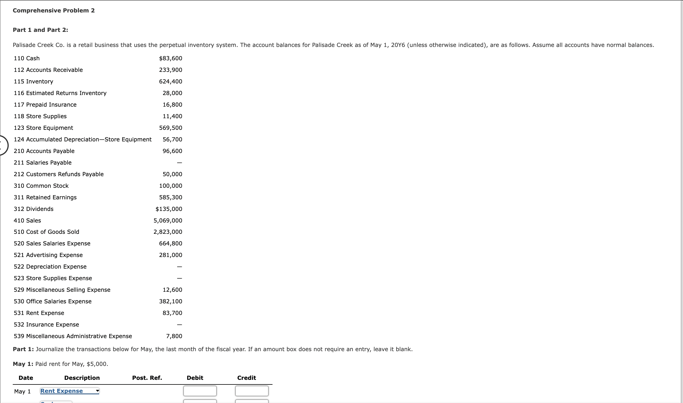 Part 1: Journalize the transactions below for May, the last month
