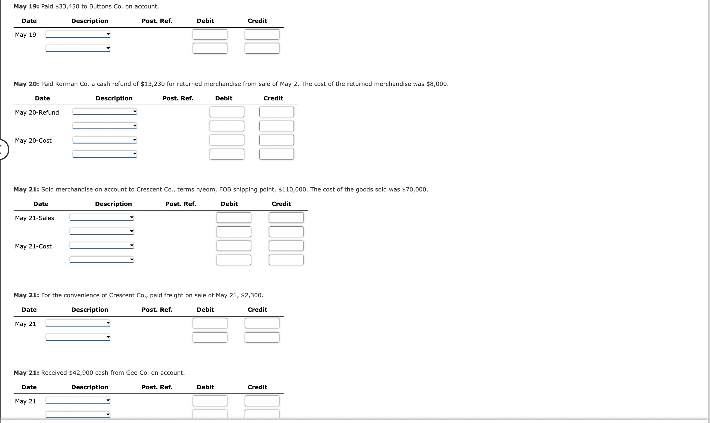 1: Paid rent for May, $5,000. May 2: Sold merchandise on account