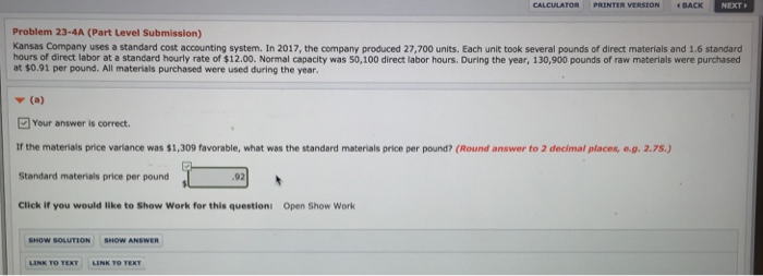  CALCULATOI PRINTER VERSION 4 BACK NEXT Problem 23-4A (Part Level Submission)