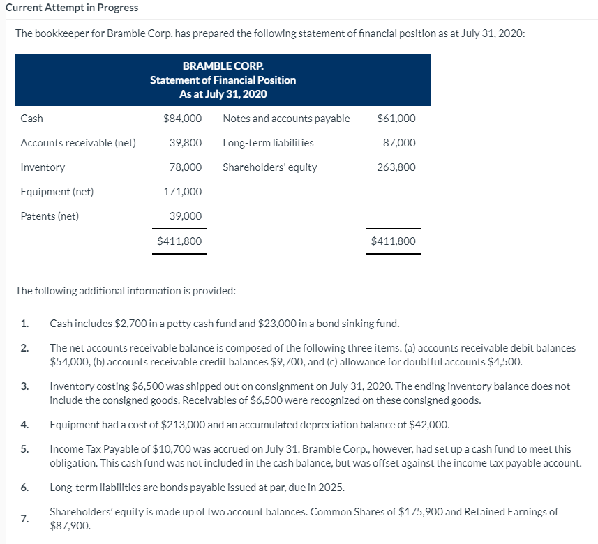 Current Attempt in Progress The bookkeeper for Bramble Corp. has prepared