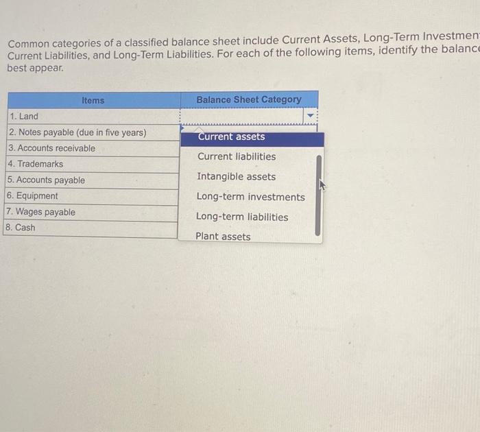 Liablities. For each of the following items, Identify the balance sheet category