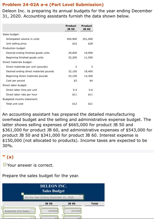  Problem 24-02A a-e (Part Level Submission) Deleon Inc. is preparing its