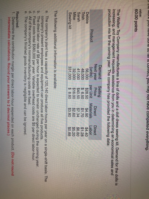  1. Determine the contribution margin perd direct labor hour expended on