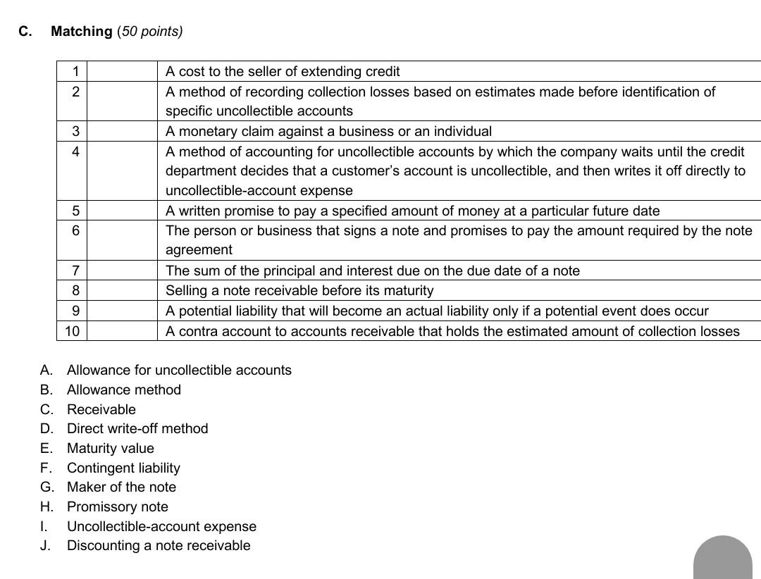  C. Matching (50 points) 1 2 3 4 A cost to