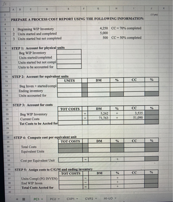  (15 pts) PREPARE A PROCESS COST REPORT USING THE FOLLOWING INFORMATION: